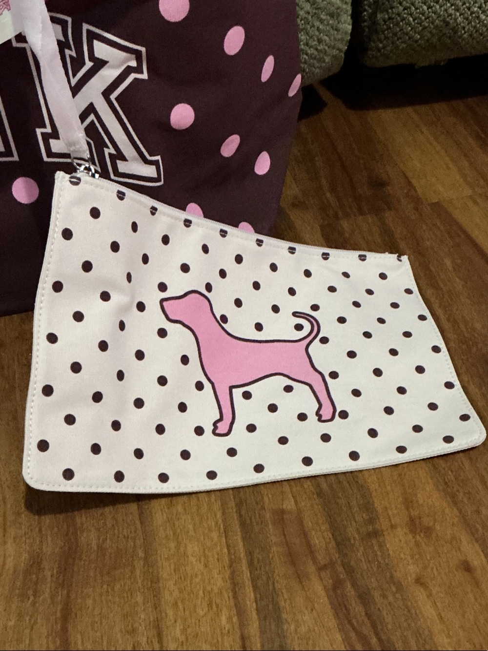 PINK Victoria's Secret Brown Tote with Pink Polka Dots and Matching Pouch nwt - Picture 3 of 8